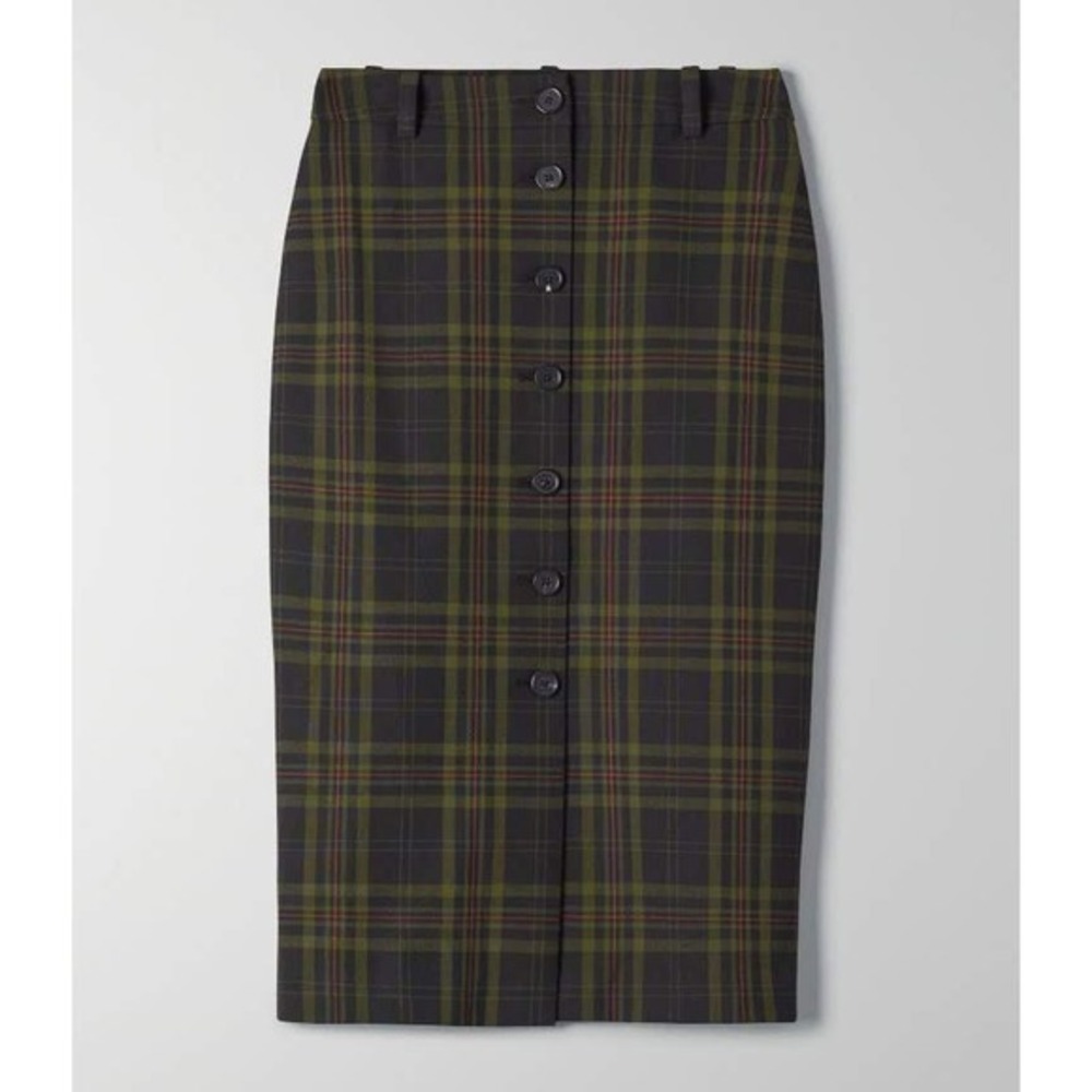 Aritzia Wilfred Leona Midi Pencil Check Plaid Black Green Skirt S